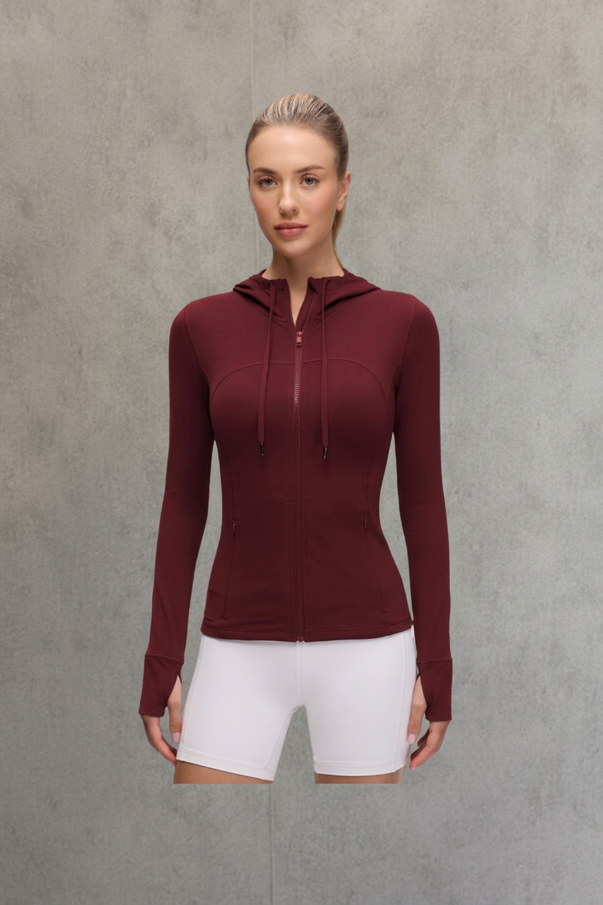 Crzyoga Zip Pocket ThumbHole Hoodie - Red Merlot | Talla S
