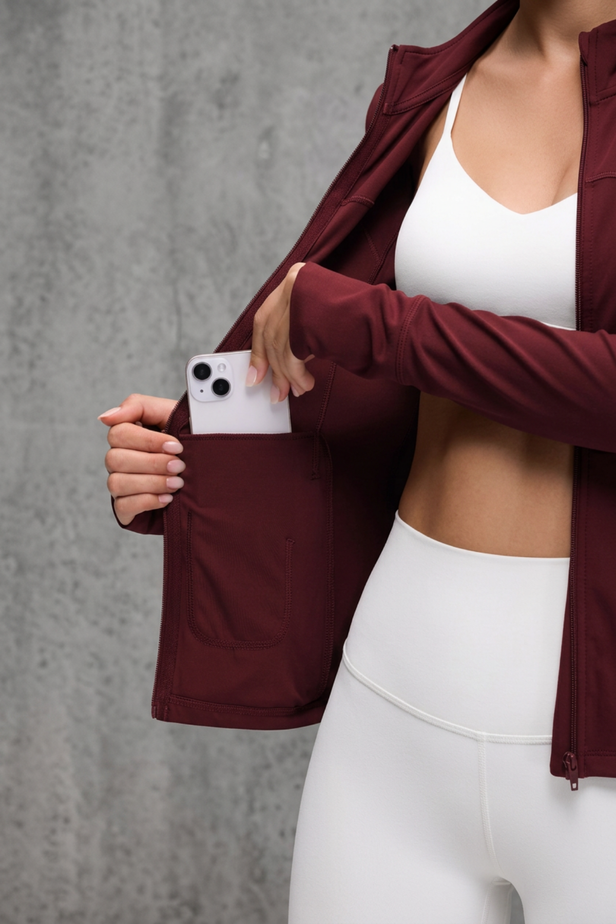 Crzyoga Zip Pocket ThumbHole Hoodie - Red Merlot | Talla S
